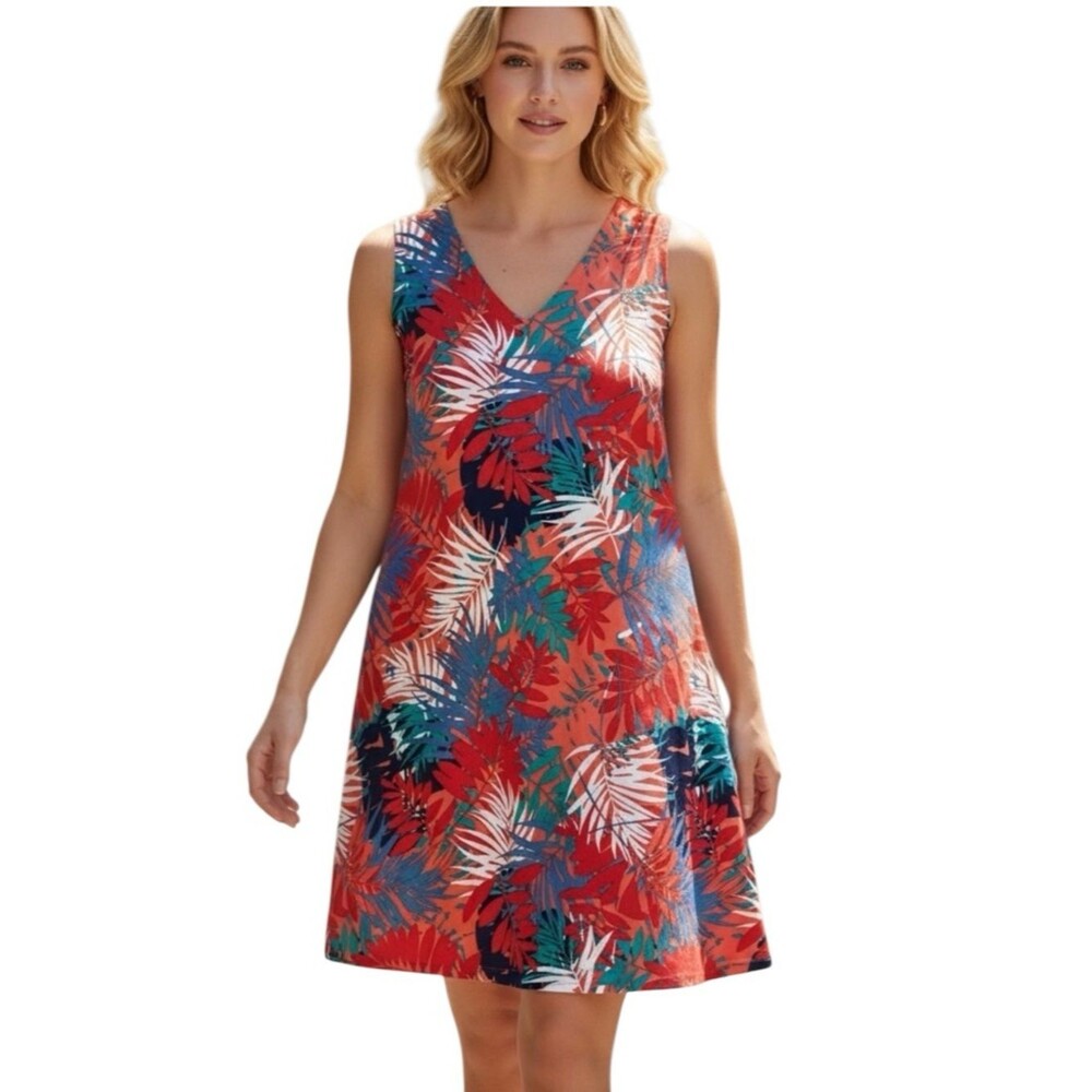 Linen Viscose Blend Leaf  Dress in Red Multi Sixe 22 Swim Cover Tropical Resort